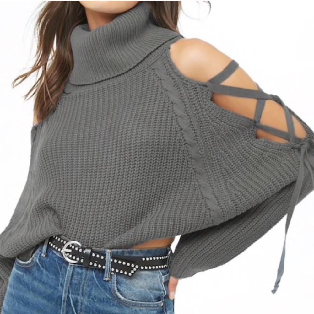 Papaya Gray Chunky Knit Cowl Neck Sweater Open Laced Sleeves Medium